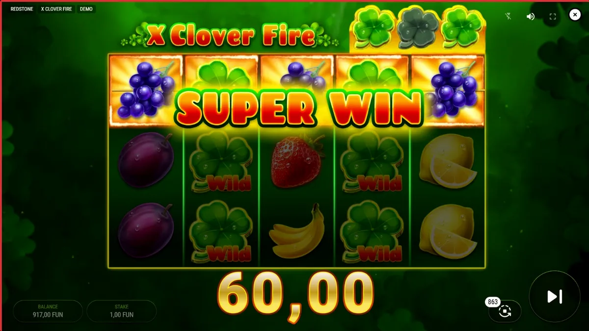 Visual slot X Clover Fire dengan simbol buah dan efek api